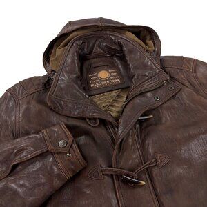 Marc NY Andrew Marc Leather Hooded Duffle Coat Mens Size XL Lambskin Brown
